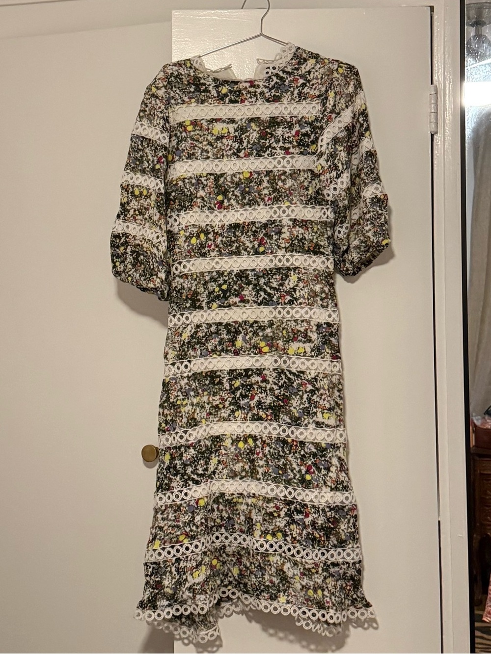 Floral Lace-Trim Midi Dress in White and Black